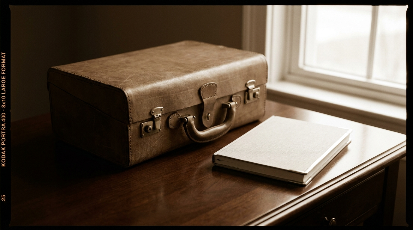 Vintage leather suitcase and a book on a wooden table rendered with extremely fine grain, sharp detail and a full tonal range