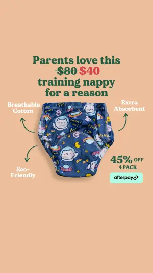 peach-background ad for a training nappy with a strikethrough price headline, curved arrows to three features and a discount badge