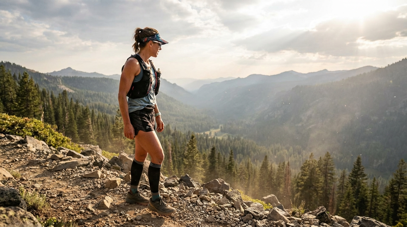 Woman in trail-running gear standing on a rocky mountain trail above a hazy pine valley in sharp high-altitude light