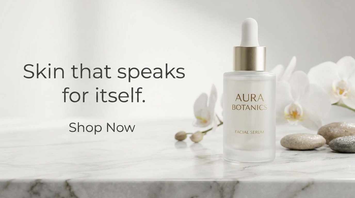 The same serum ad with the headline reset in a clean modern sans and placed in the left negative space