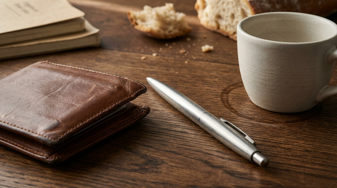 Worn brown leather wallet and a metal pen on an oiled walnut table beside a matte ceramic mug, bread and an old notebook