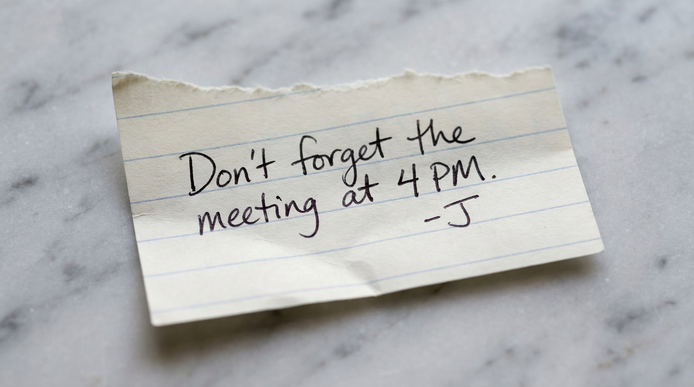 Torn lined notebook paper on marble handwritten with 'Don't forget the meeting at 4 PM. -J' showing uneven baseline and a torn fibrous edge
