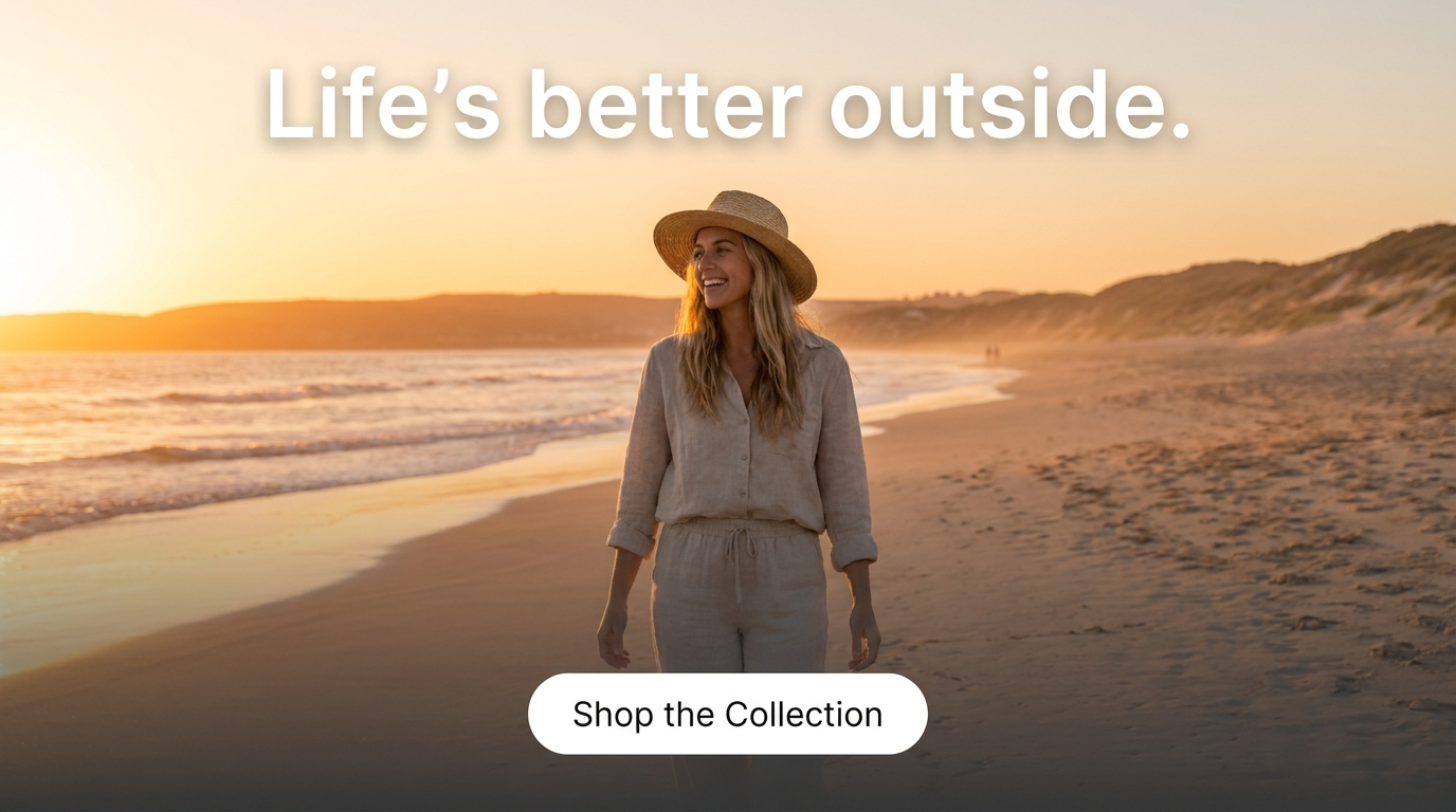 Beach sunset ad with 'Life's better outside.' in white over a subtly darkened sky and a white Shop the Collection button