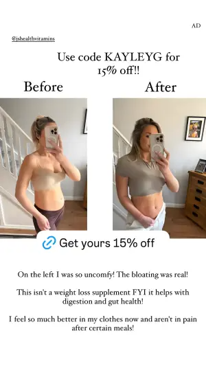 fake Instagram story ad with a Before and After mirror selfie comparison, a discount code and caption copy