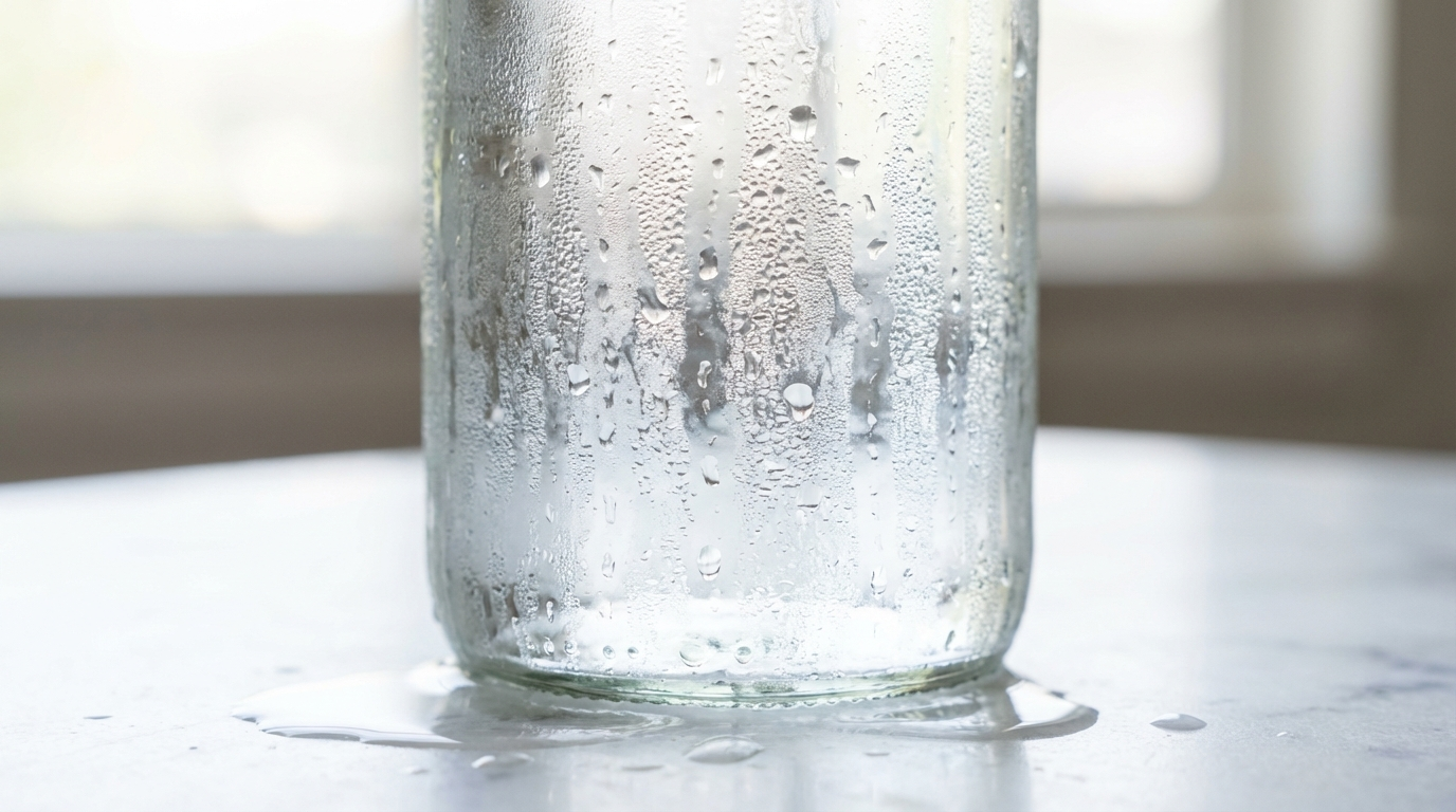 Close-up of a cold glass bottle covered in condensation on a marble surface, droplets running down and pooling in a small ring at the base