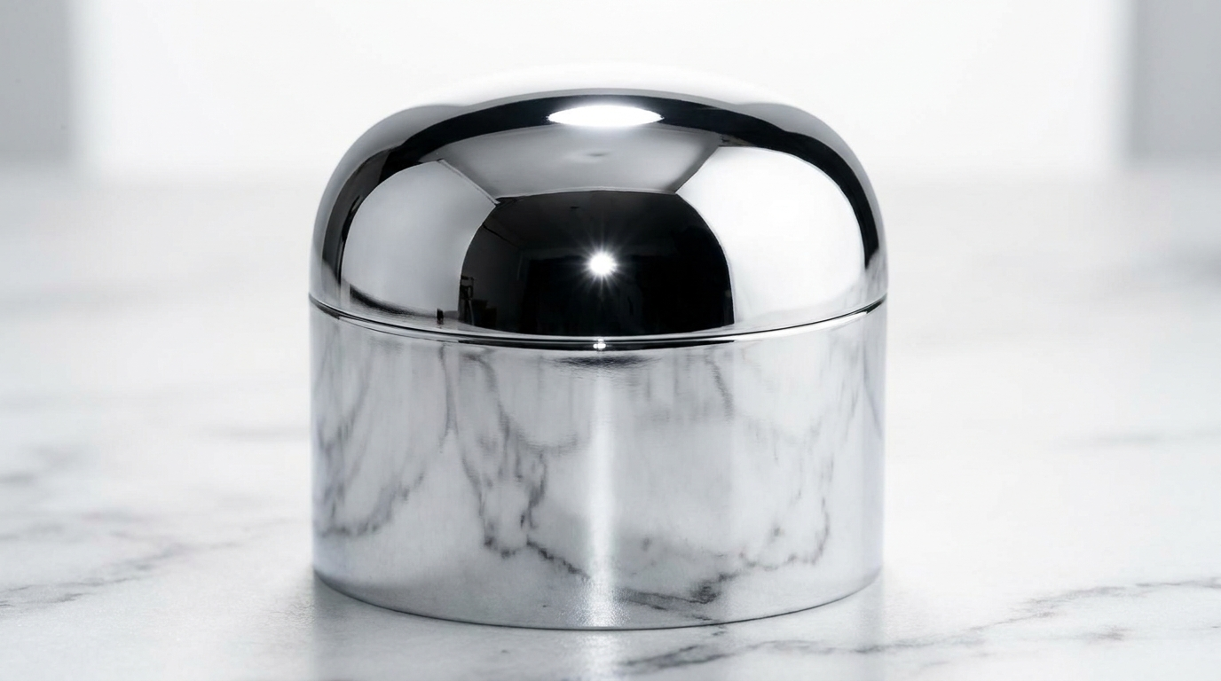 Chrome mirror-finish jar cap on white marble reflecting the room, marble veining and a single bright specular point