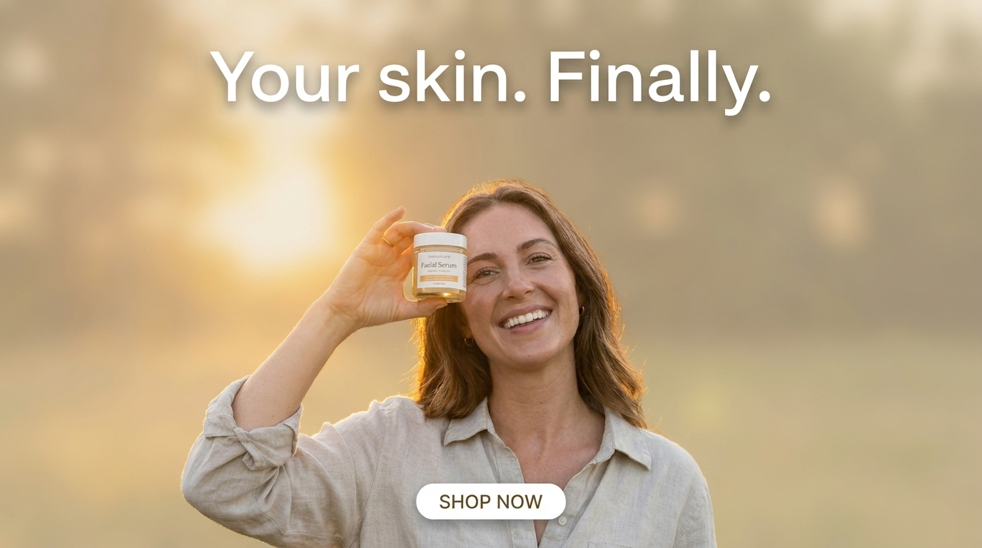 Serum ad with 'Your skin. Finally.' in white over a heavily blurred golden field, the subject sharp in the centre