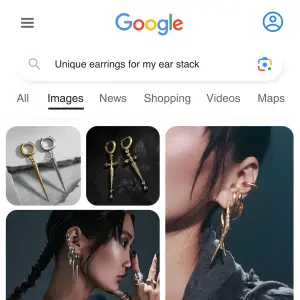 search bar ad mimicking a Google Images grid of gold ear-stack jewellery