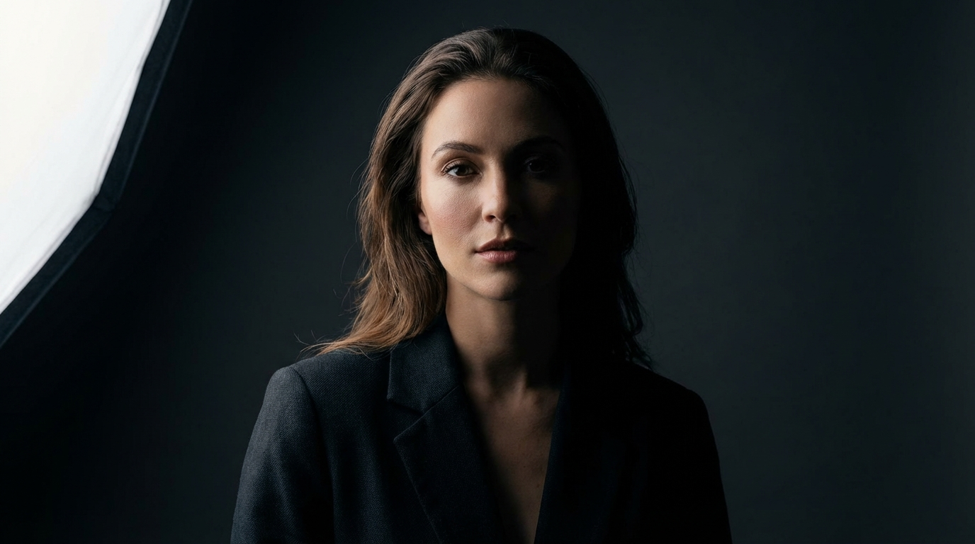 Woman in a dark blazer emerging from a near-black background, lit by a single softbox at frame left
