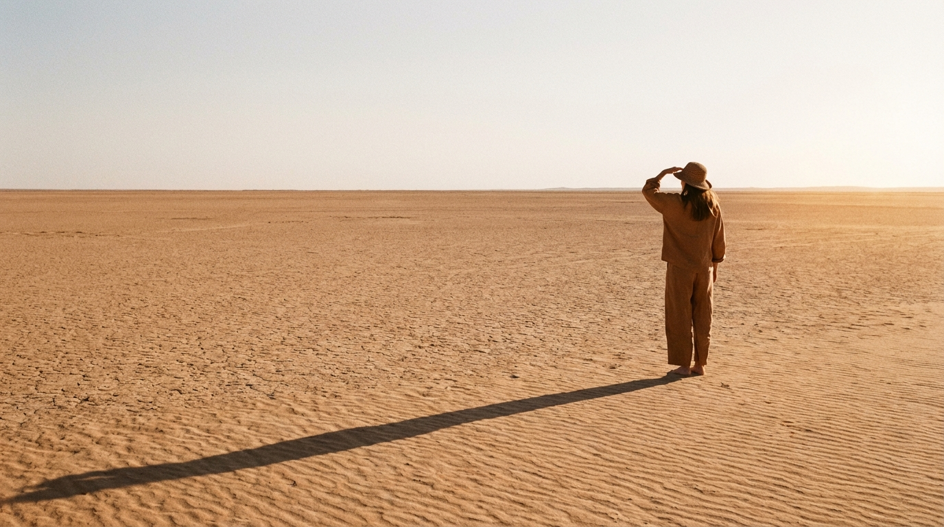 Small figure in ochre linen standing in a vast flat desert with a long low-sun shadow stretching across cracked sand