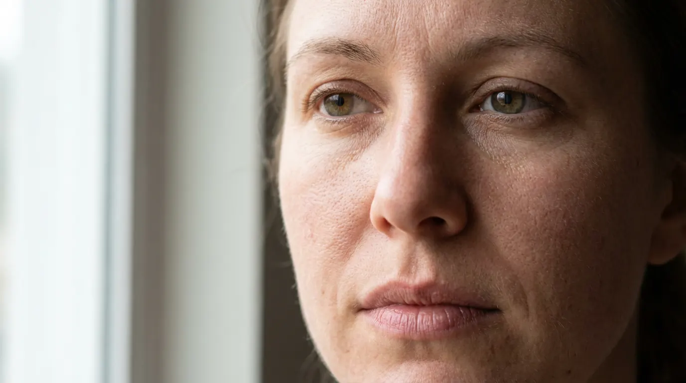 Macro AI portrait showing fine skin grain, lip texture and natural folds around the eyes