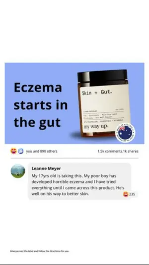 social media mockup ad recreating a Facebook post with a 890-reaction count and a highlighted comment from a named woman