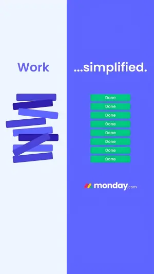 split-screen ad with messy overlapping purple task bars labelled Work beside a neat stack of green Done bars labelled simplified