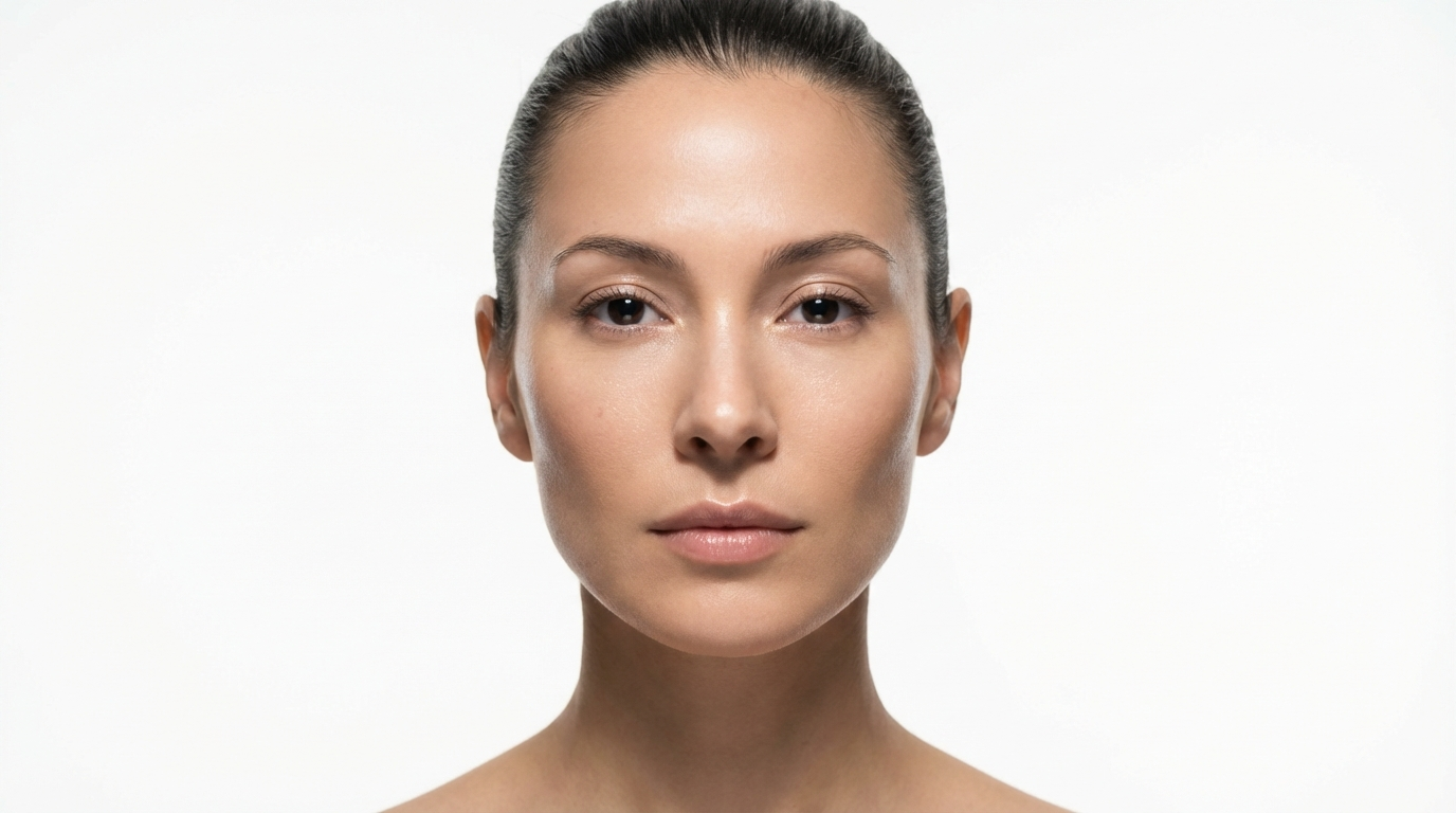 Symmetrical beauty portrait with a small shadow directly beneath the nose and sculpted cheekbones