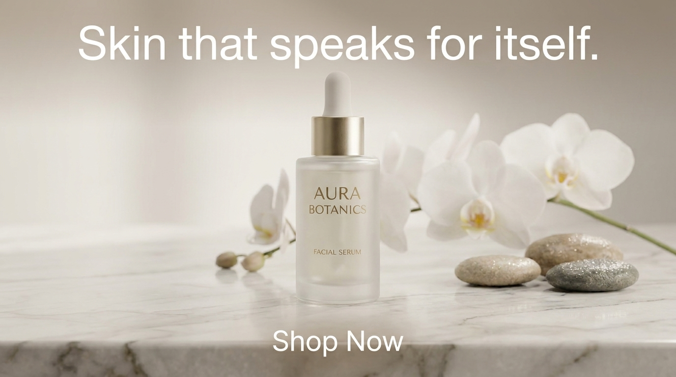 Serum ad with white headline 'Skin that speaks for itself.' across a slightly darkened top band and a white 'Shop Now' at the bottom