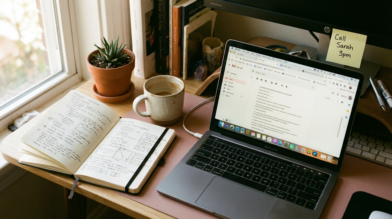 Desk by a window with an open written-in notebook, half-empty coffee mug, laptop and a Post-it note on the monitor