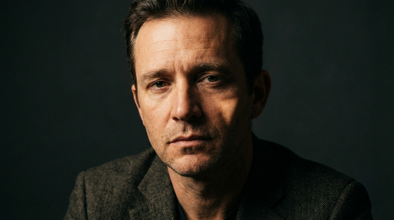 Man in a tweed jacket lit from high to one side with a small triangle of light on the shadowed cheek