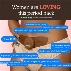 fake text message ad with a wall of review bubbles floating over a period underwear product photo