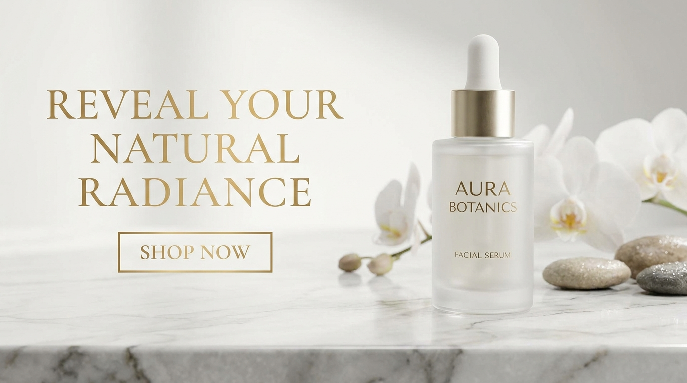 Luxury serum ad where the model invented its own gold serif headline and shop button without any quoted copy