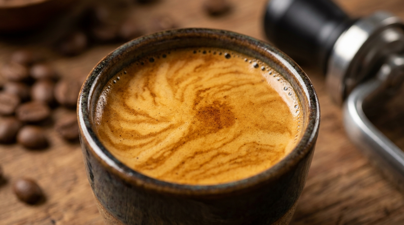 Overhead close-up of an espresso in a stoneware cup with banded golden crema and tiny bubbles at the rim