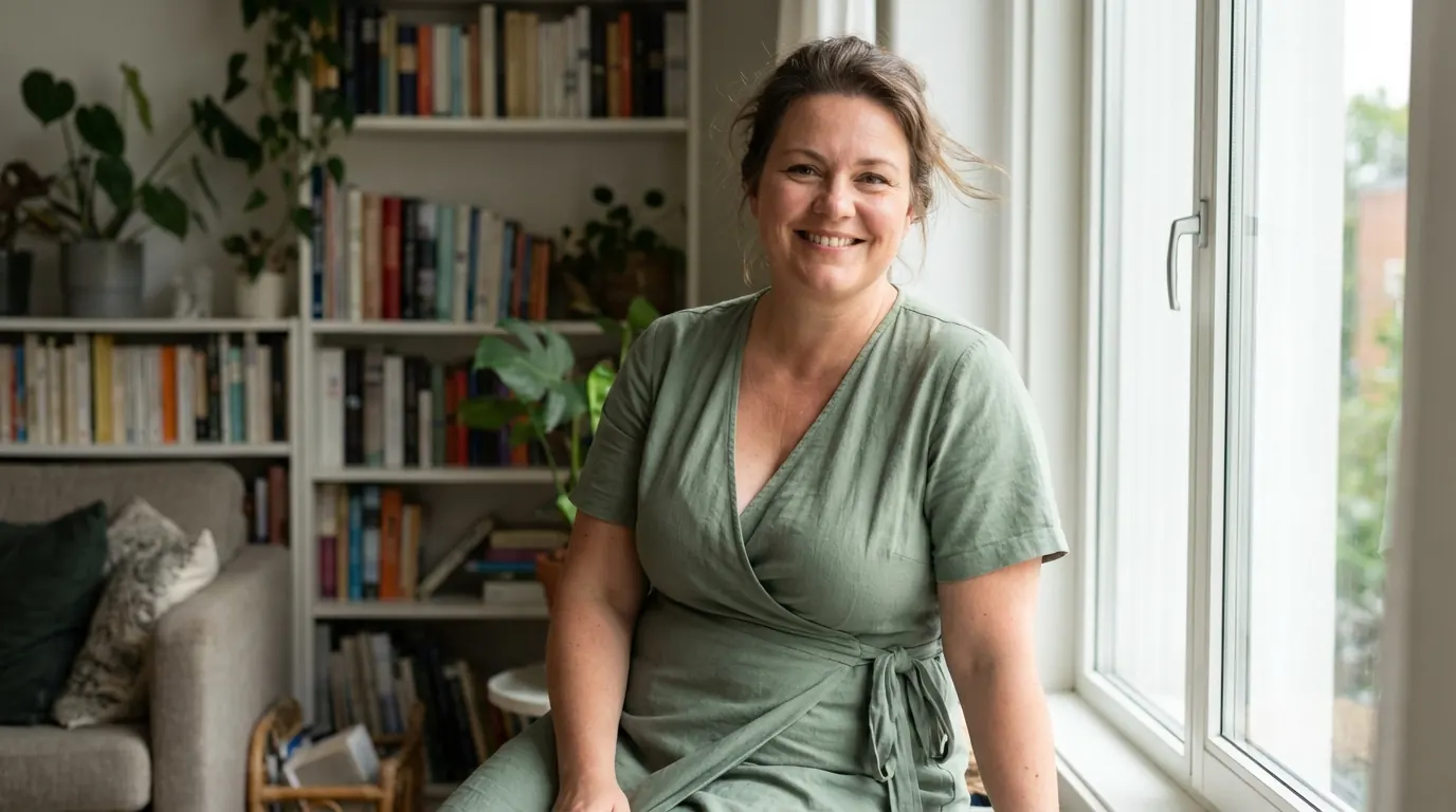 Woman in her forties with a fuller figure in a green linen wrap dress by a window, fabric folding over her curves