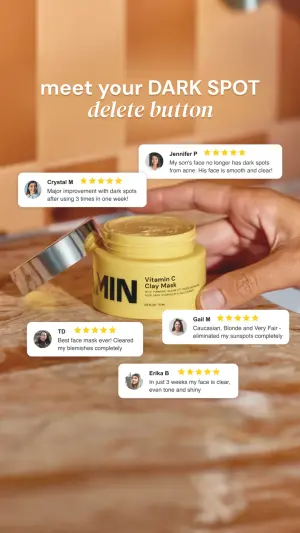 Testimonial ad with four floating five-star review cards orbiting a yellow clay mask jar held in a hand