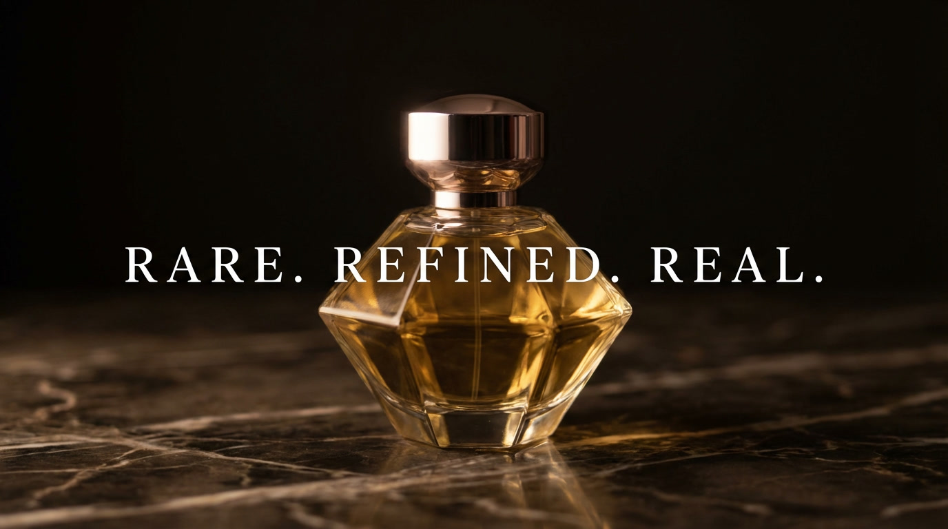Dark luxury perfume ad with 'RARE. REFINED. REAL.' set in a wide-tracked thin serif across a golden bottle on marble