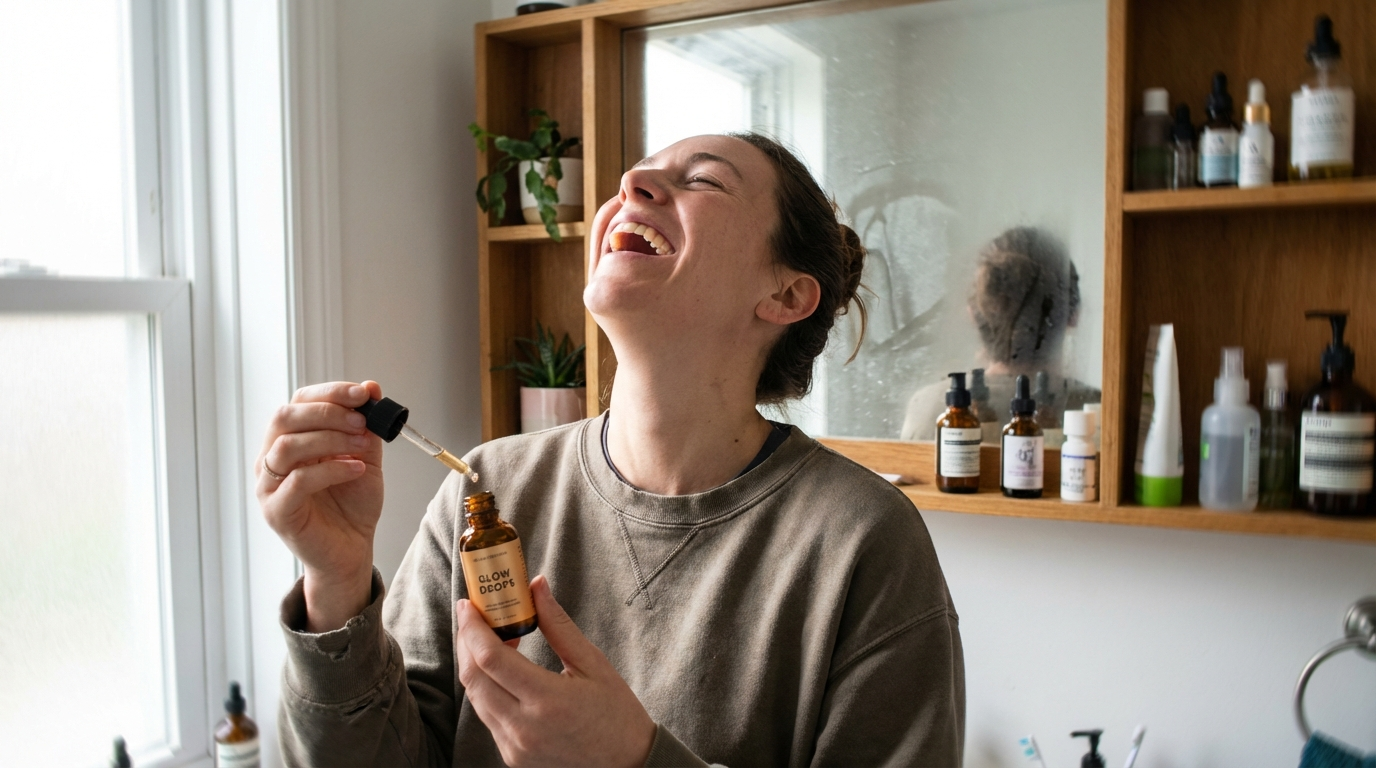 Woman laughing mid-moment in a cluttered bathroom holding a dropper bottle, frame slightly off level