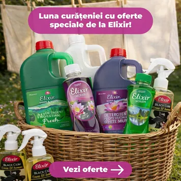 Wicker basket full of colorful Elixir cleaning bottles on grass with white sheets on a clothesline behind