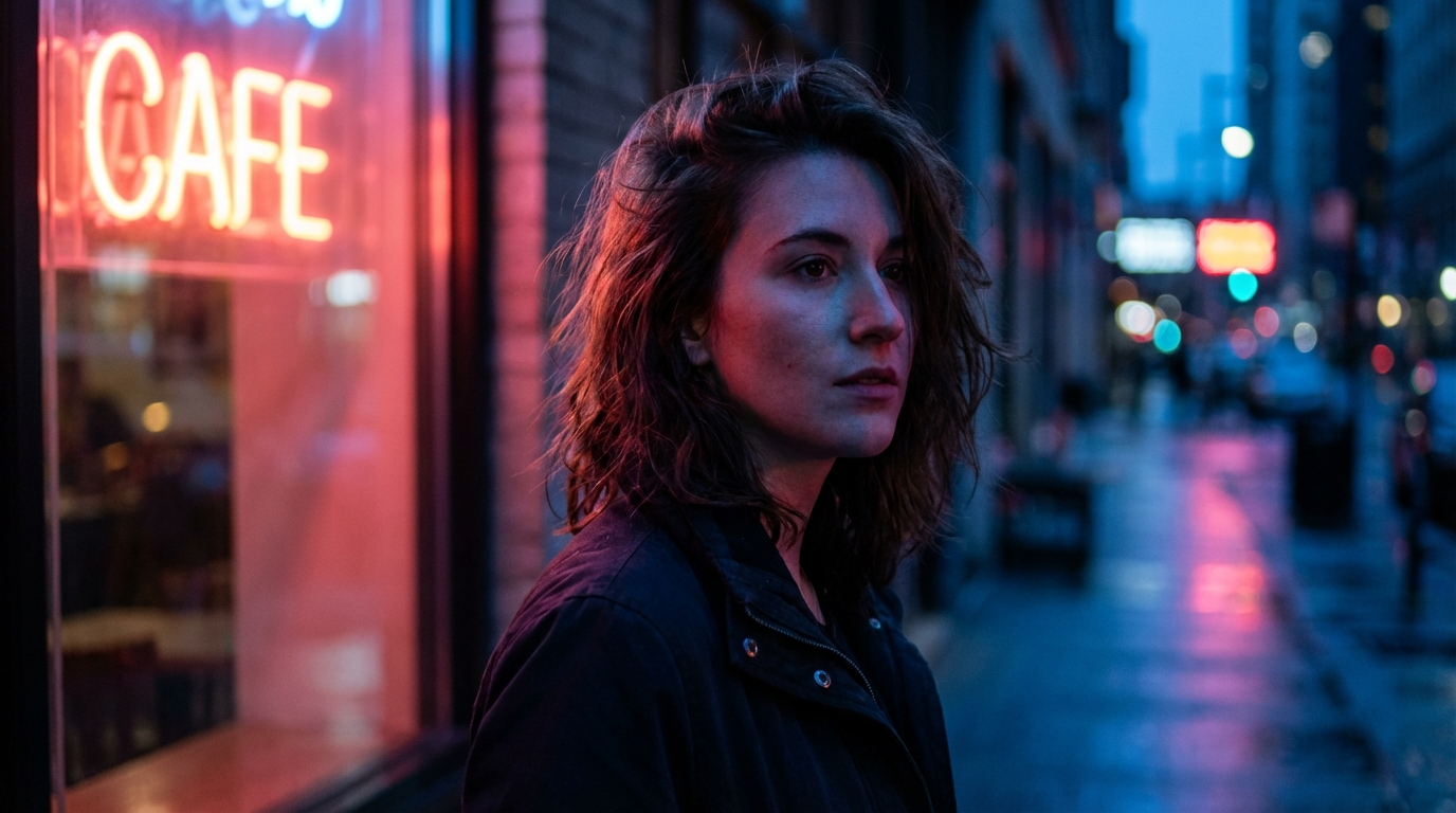 Woman on a night street beside a red neon cafe sign, her face split between warm pink and cool blue light