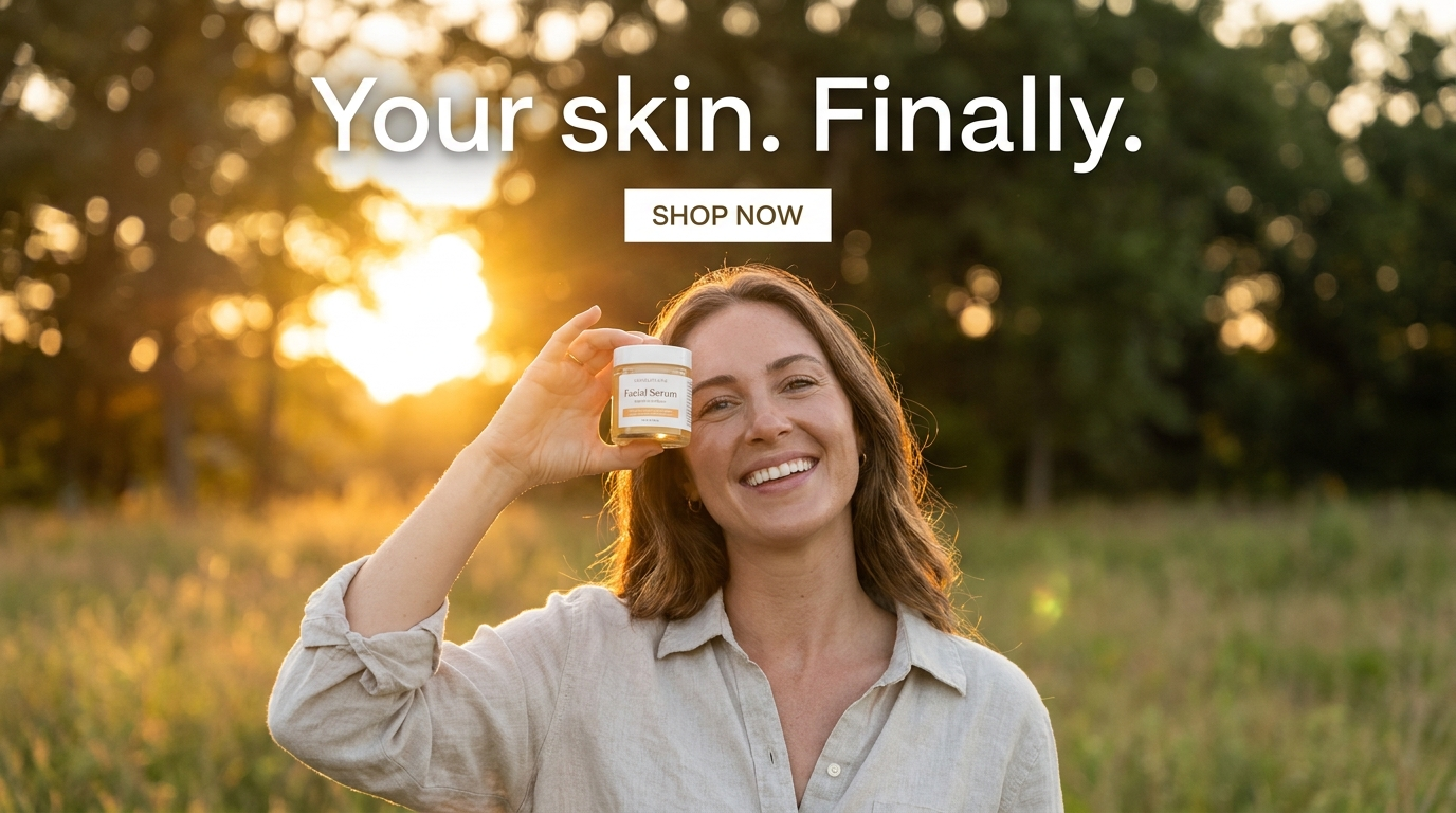 Golden-hour serum ad with 'Your skin. Finally.' and a white SHOP NOW button reading cleanly over the treated background