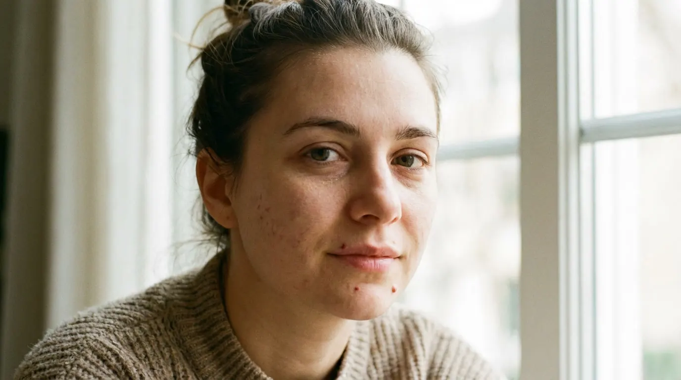 AI portrait with a small chin blemish, slight under-eye circles and natural lip asymmetry