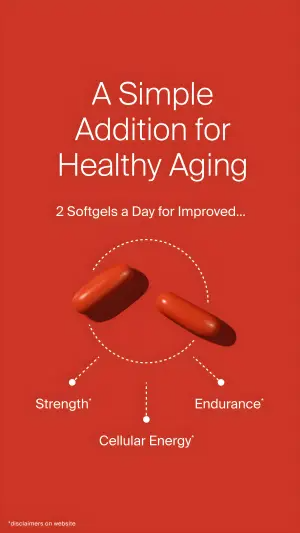 supplement ad on a solid red background with two softgels and three dotted benefit spokes