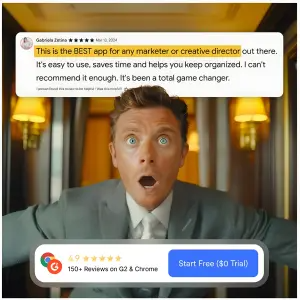 B2B testimonial ad with a shocked man, a highlighted review card and a ratings trust banner with a CTA button