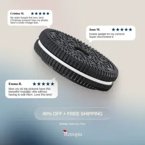 Testimonial ad with three review speech bubbles pointing at a camera lens shaped like a sandwich cookie