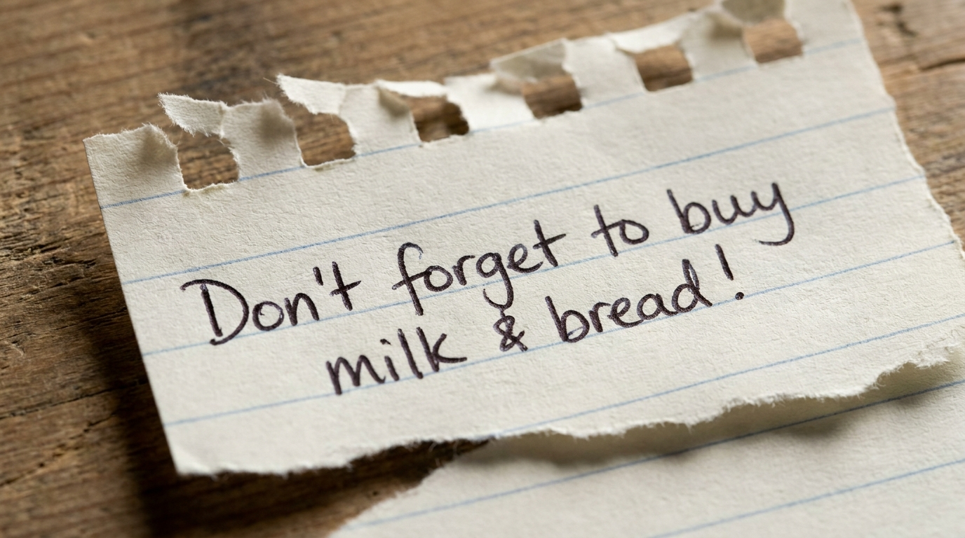Torn piece of lined notebook paper on rustic wood reading 'Don't forget to buy milk & bread!' with an irregular fibrous torn edge