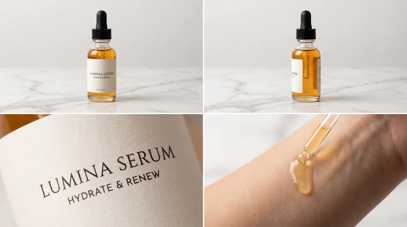 Serum ad split into a 2x2 grid showing bottle, angle, label detail and texture swatch