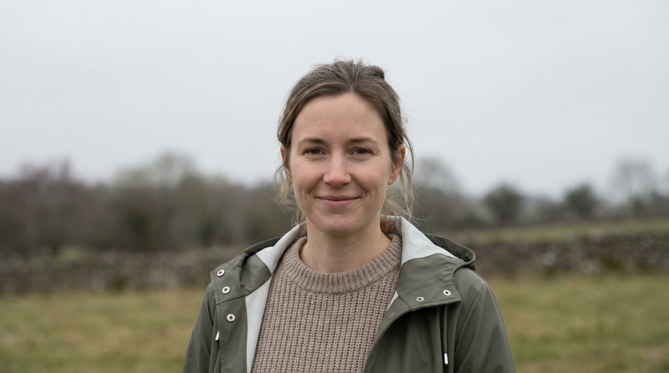Woman in a raincoat standing in a field under a flat grey overcast sky with even shadowless light
