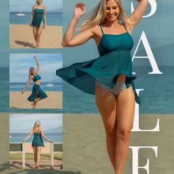 Collage of a blonde woman in a teal swimsuit on a beach with three smaller poses and a large semi-transparent SALE overlay