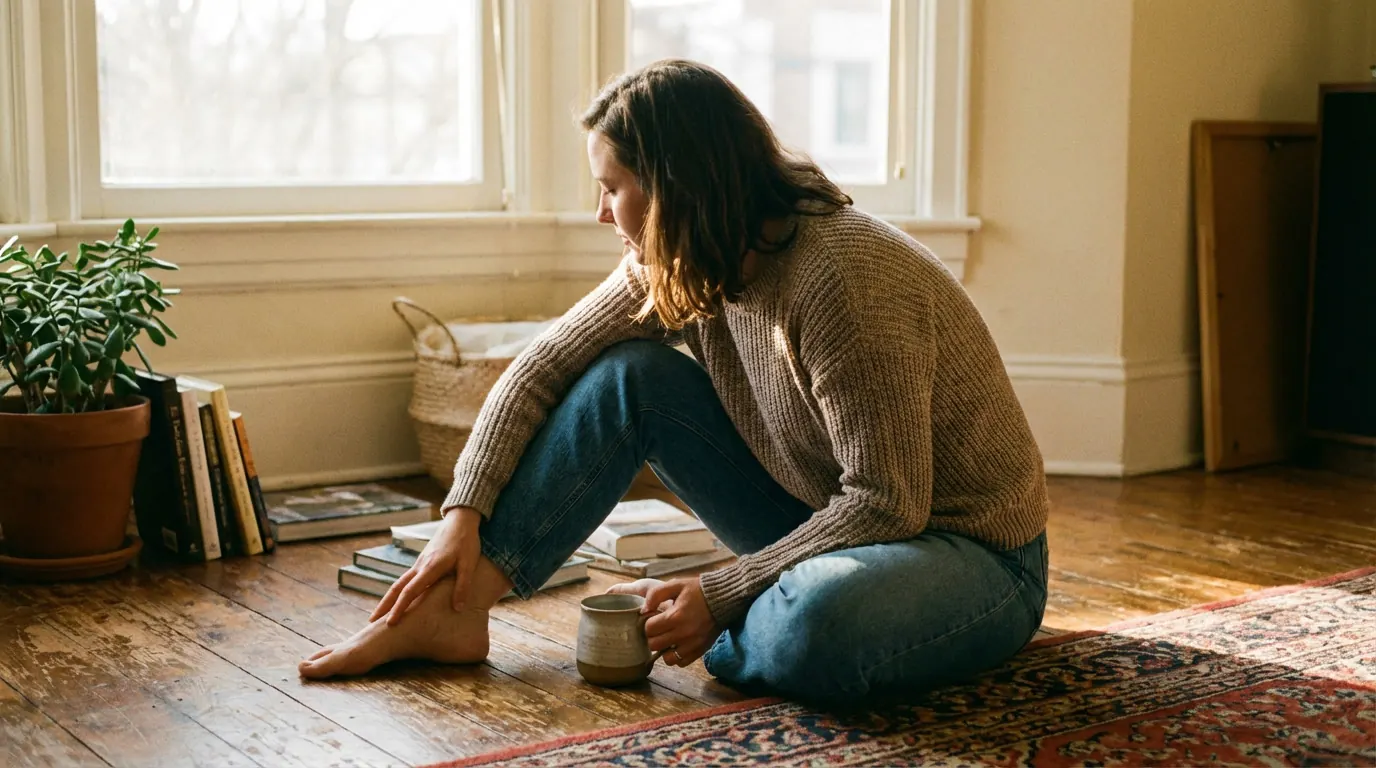 Woman in a knit sweater and jeans sitting on a wooden floor by a window with a mug and books