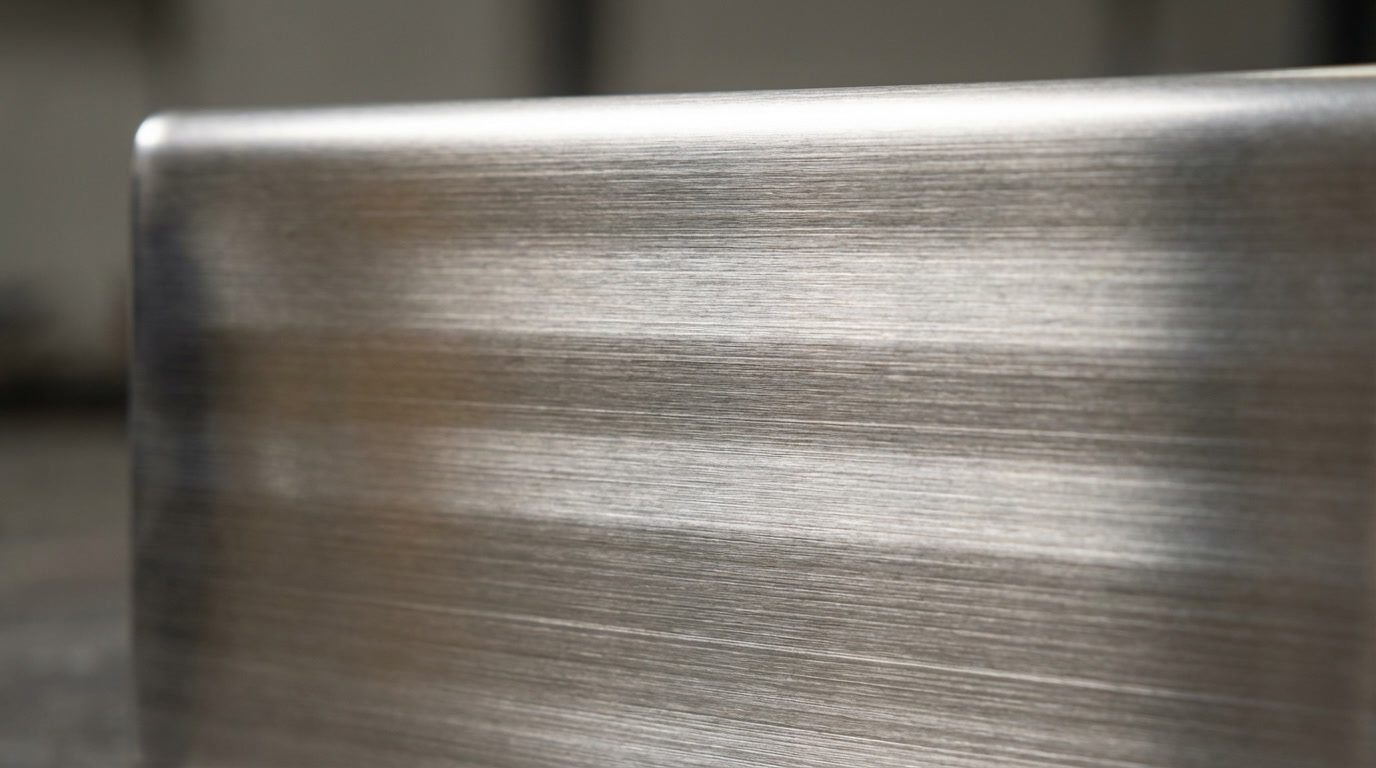 Close-up of a brushed stainless steel edge showing fine parallel grain lines and a soft directional highlight band