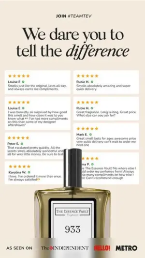 Testimonial ad with a grid of verified five-star reviews and a perfume bottle overlapping the bottom rows