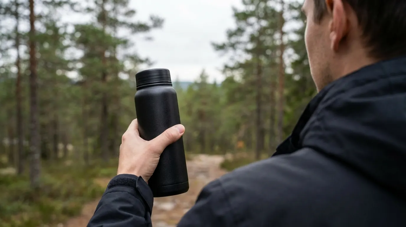 Over-the-shoulder view of a man in a dark jacket holding a matte-black thermos up on a forest trail