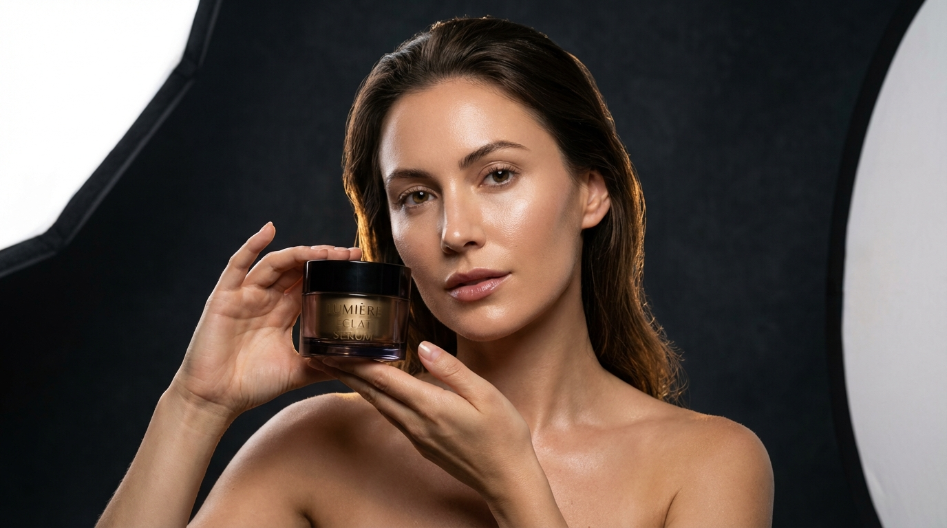Woman holding a dark serum jar, lit by a softbox key at left, reflector fill at right and a rim light behind