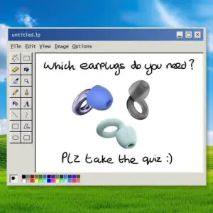 funny ugly ad showing an MS Paint window over a Windows XP wallpaper asking which earplugs you need