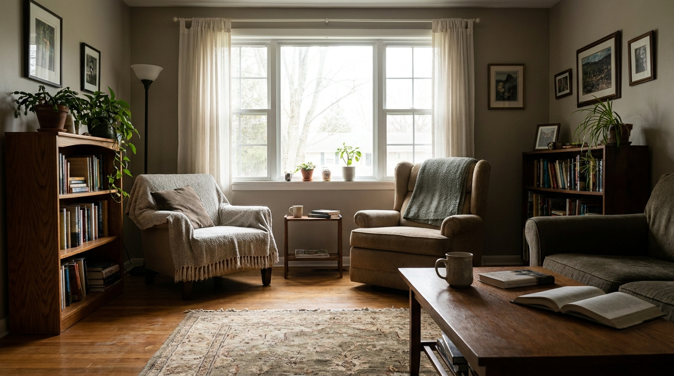 Cozy living room interior with soft natural light from a large central window, holding shadow and highlight detail without artificial HDR glow
