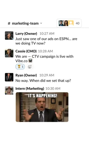social media mockup ad recreating a Slack marketing channel thread between named coworkers