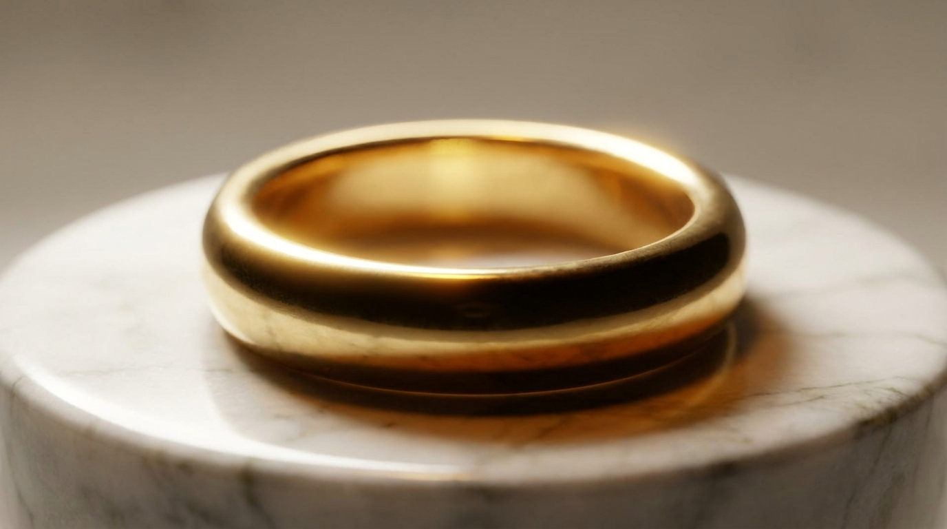 Polished gold band on a white marble plinth with a bright warm highlight along the top curve and a deep dark shadow below