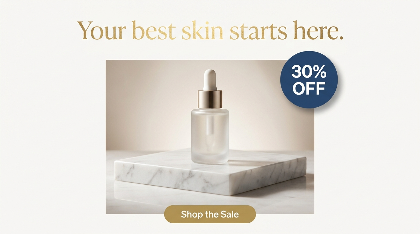 Serum ad headlined 'Your best skin starts here.' with a navy circular '30% OFF' badge in the top corner and a gold 'Shop the Sale' button