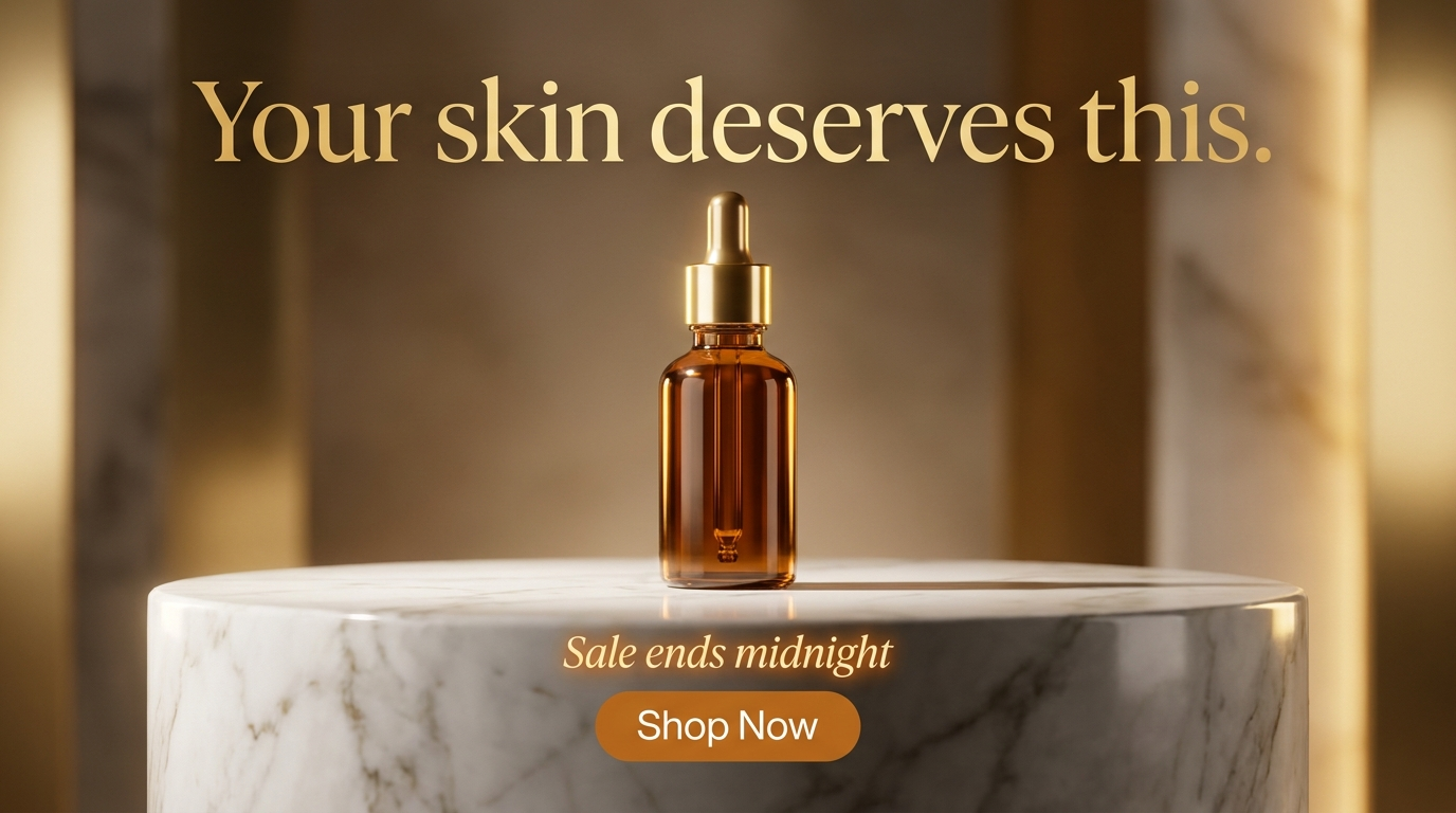 Amber serum bottle ad headlined 'Your skin deserves this.' with a glowing 'Sale ends midnight' line above a gold 'Shop Now' pill button